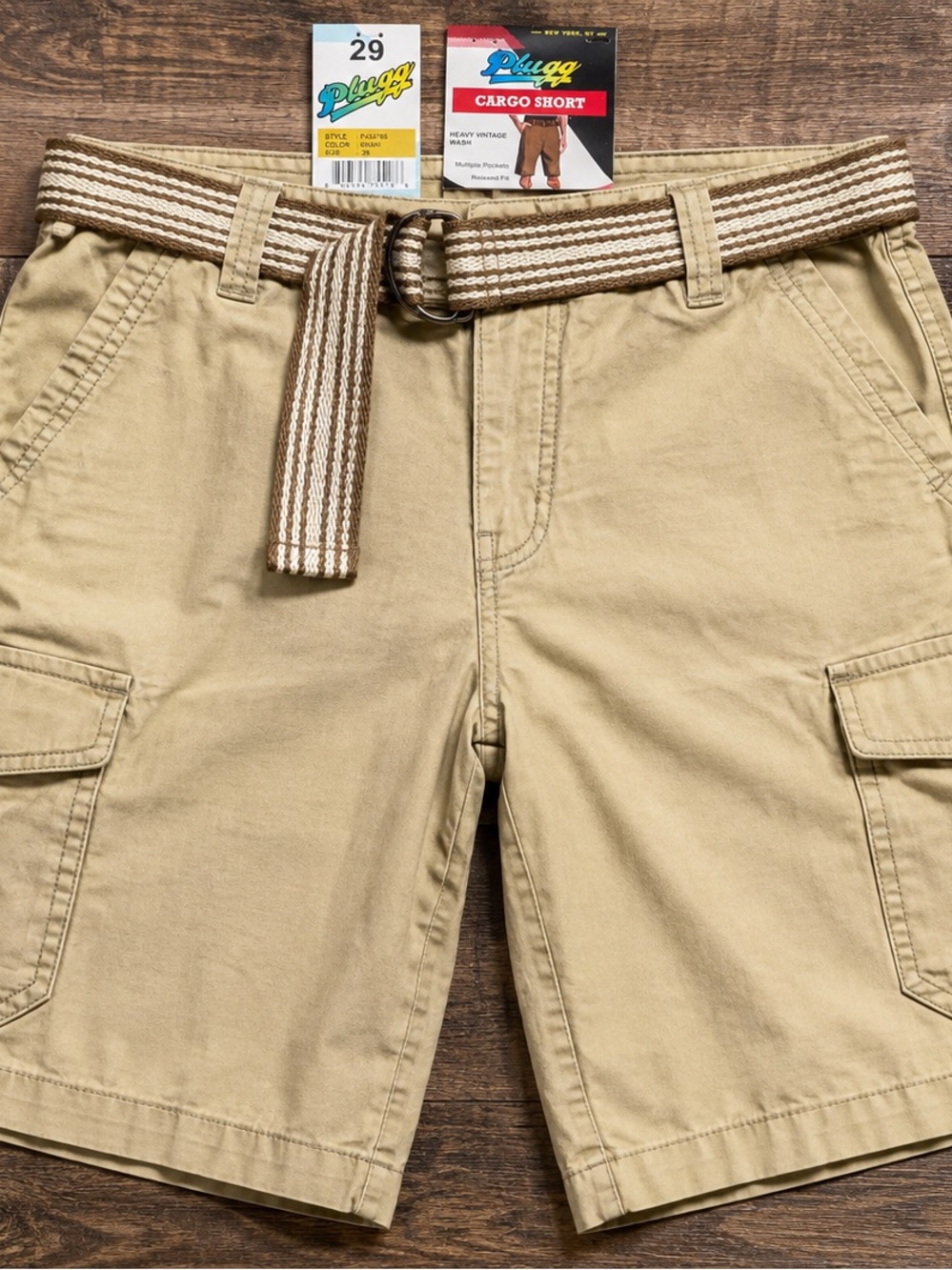 Plugg Tan Cargo Shorts with Striped Brown Belt
